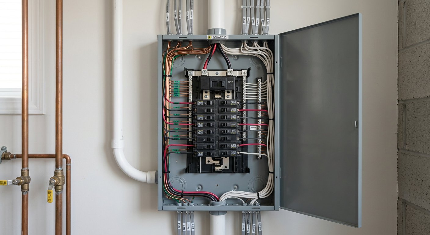 Open electrical panel with neat labeled breakers