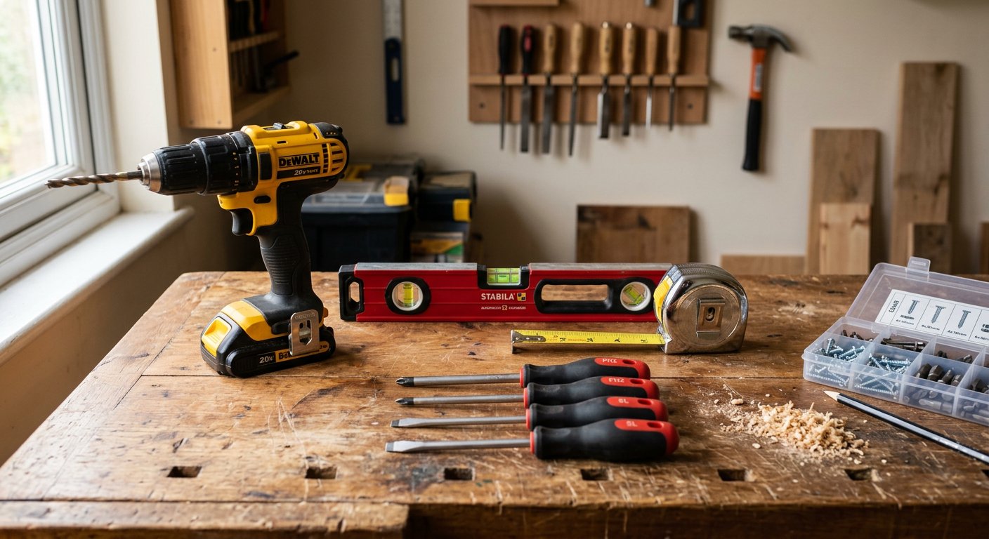 Handyman tools laid out on a wooden workbench