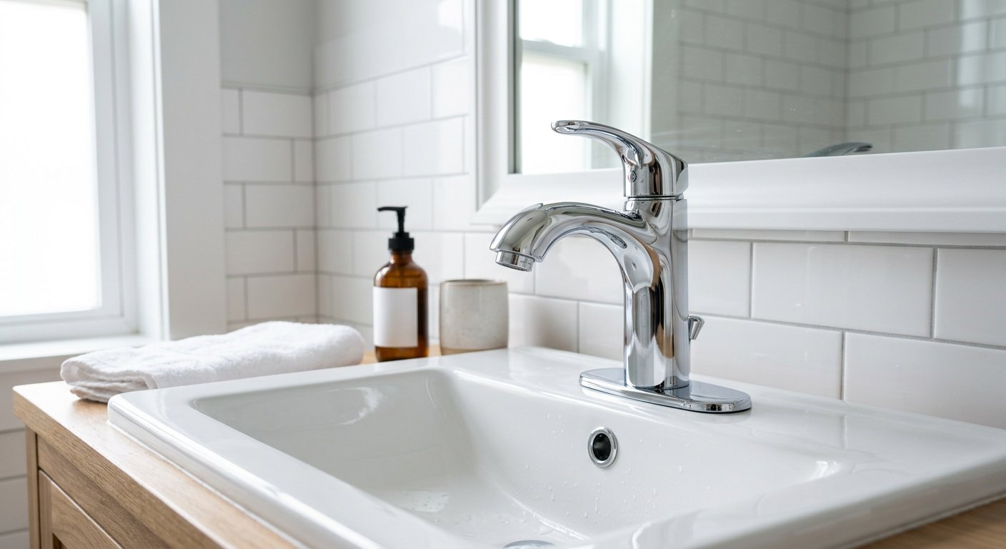 New chrome faucet installed on a clean bathroom sink