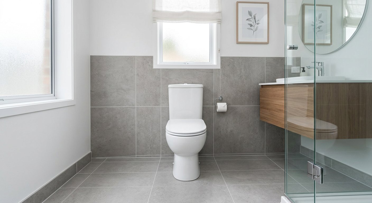 Newly installed white toilet in a clean tiled bathroom