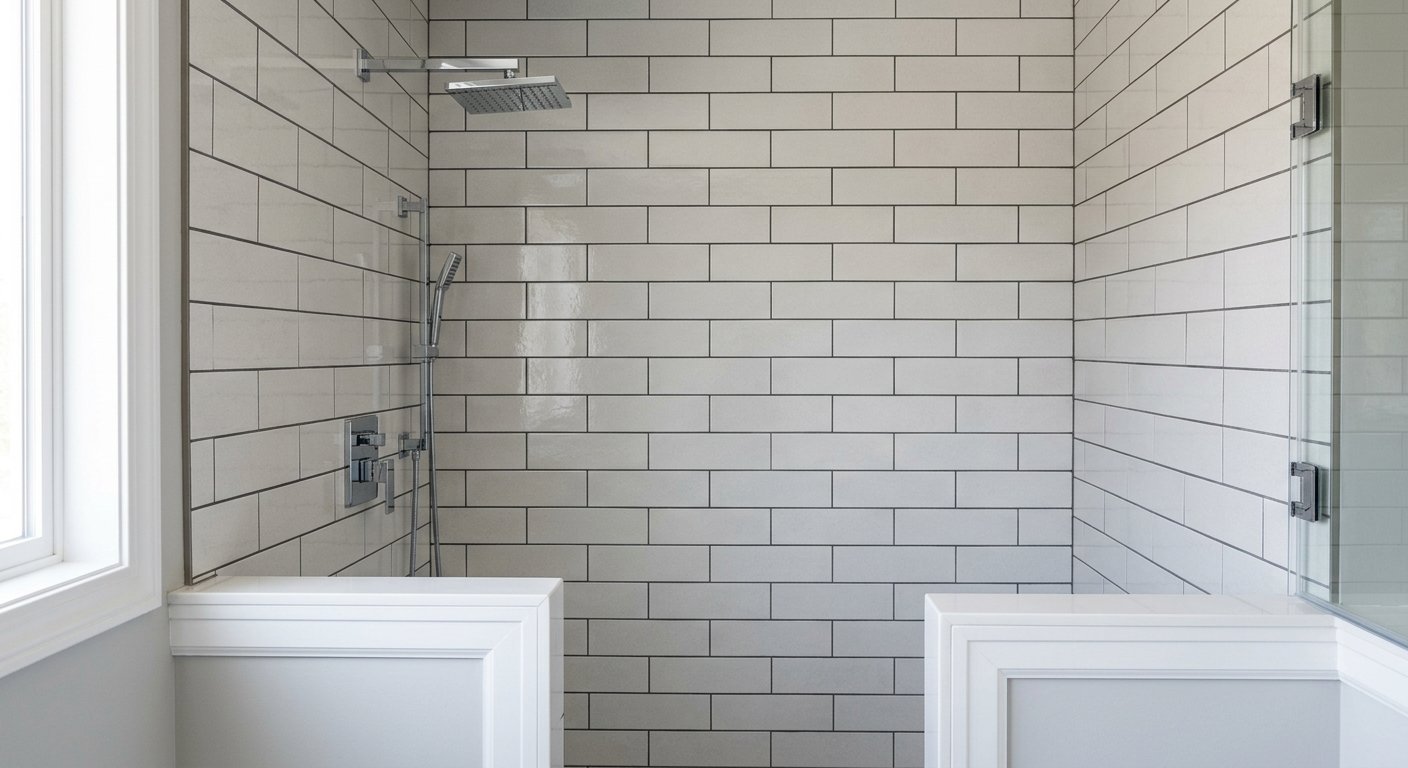 Tiled shower wall with straight even grout
